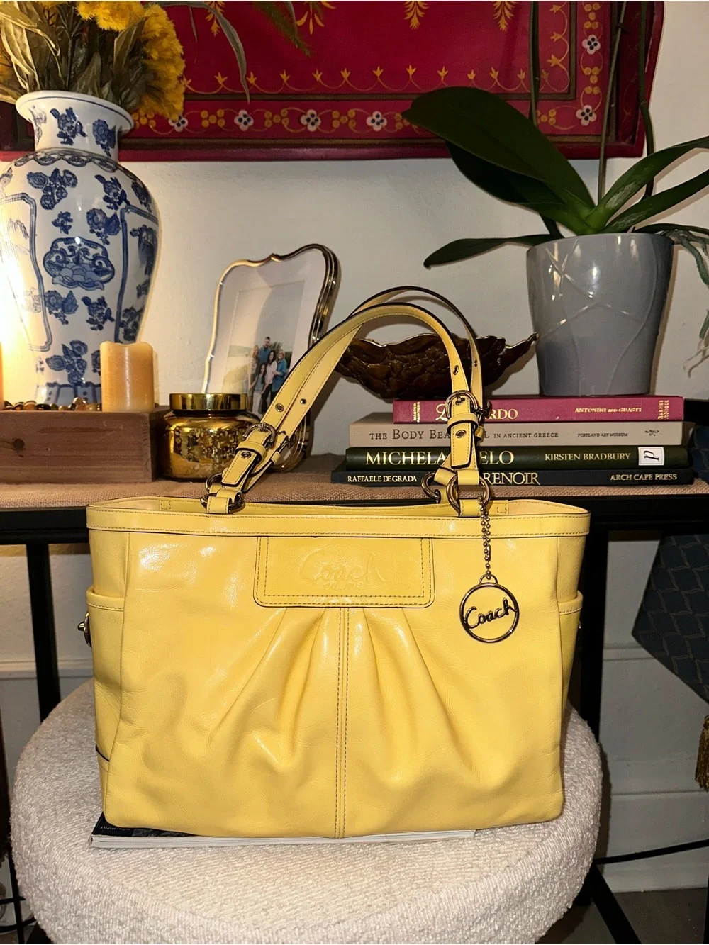 Coach Patent Leather Pleated Gallery Tote (Style F13761) Yellow NWOT